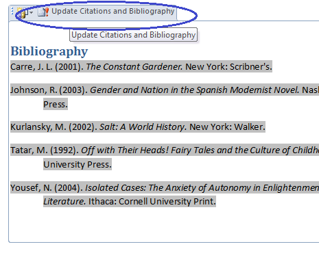 how to update the bibliography in word