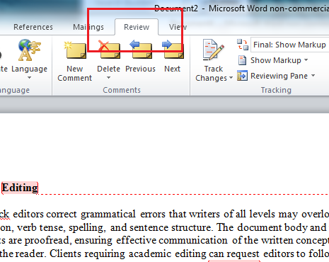 how to delete markup area in word 2010