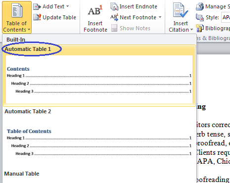 Microsoft Table of Contents — Word 2010