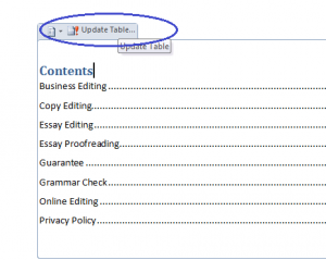 microsoft word table of contents 2010