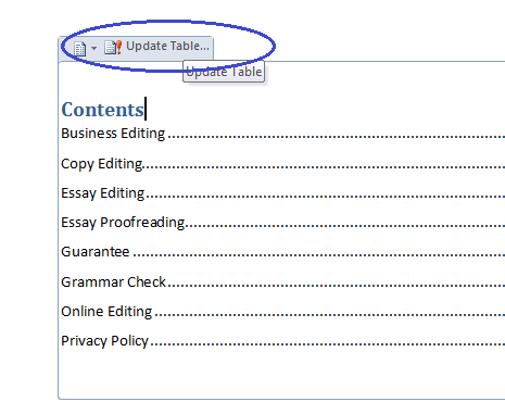 how to auto format table of contents word 2010