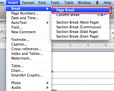 insert page of pages in word for mac 2011