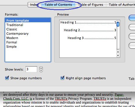 add a table of contecnts in office for mac