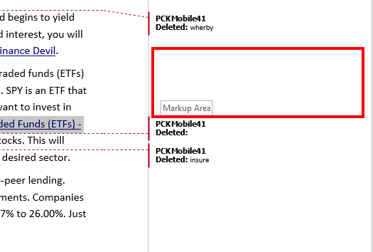 how to delete markup area in word 2016