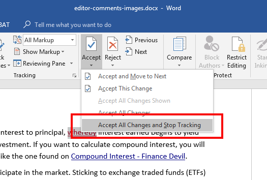 how to remove tracking in word document